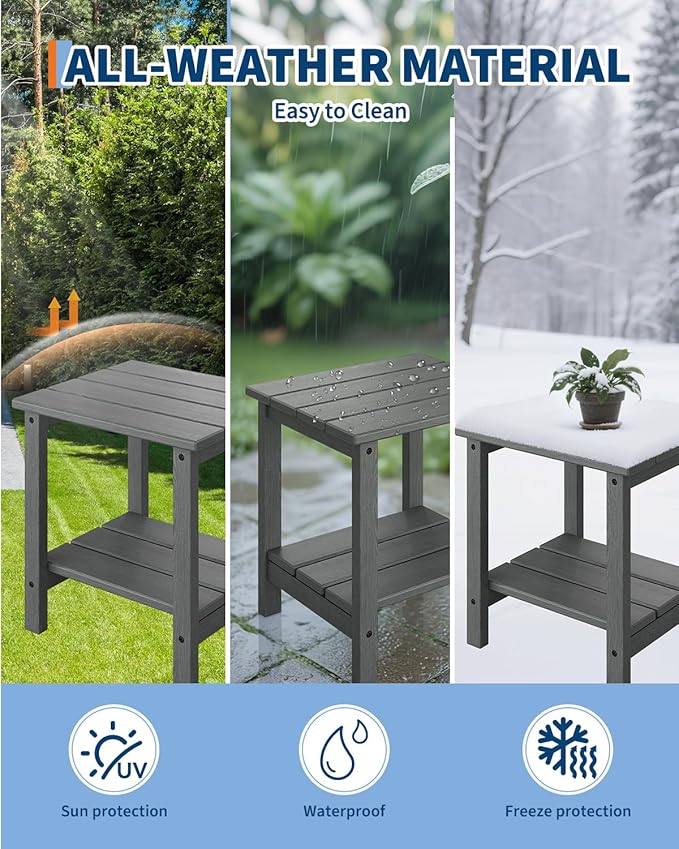 GarveeLife Outdoor Side Table 2-Tier, 18 in HDPE All Weather Resistant Patio Side Tables for Outside, End Table for Patio Pool Deck Indoor Backyard, Grey