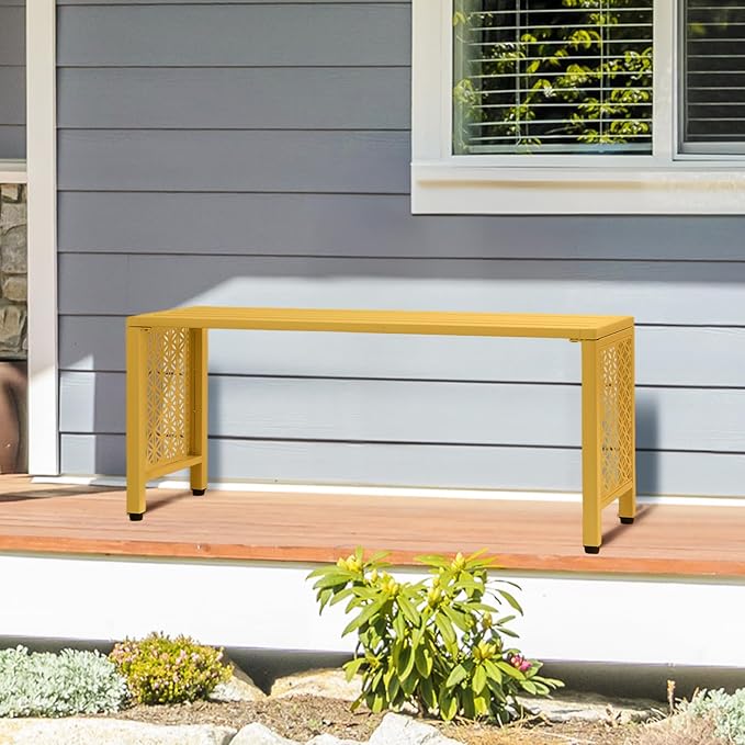 VINGLI 40in Outdoor Metal Bench, All-Weathe Backless Patio Bench with Slatted Seat＆Floral Side Panels, Rust-Resistant Garden Bench, Weatherproof Outdoor Seating for Porch Entryway Backyard (Yellow)