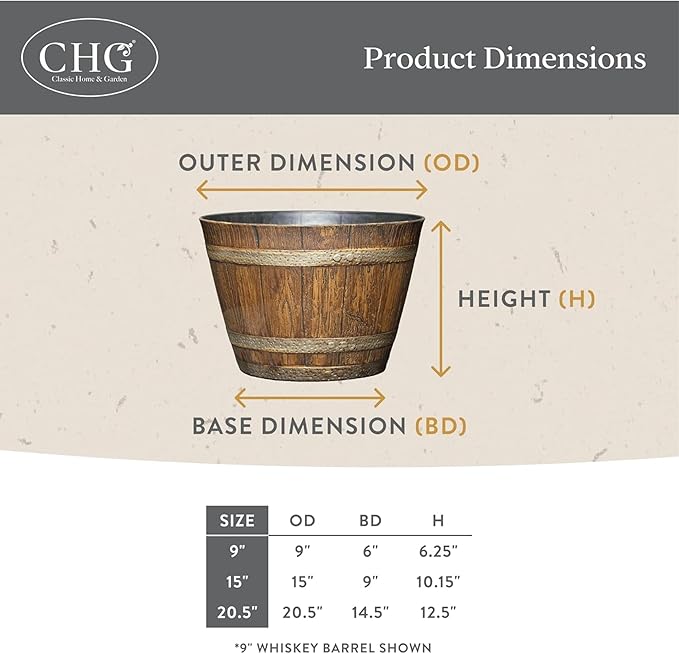 Classic Home and Garden Whiskey Plastic Resin Flower Pot Barrel Planter, Walnut Brown, 20.5" (Pack of 4)