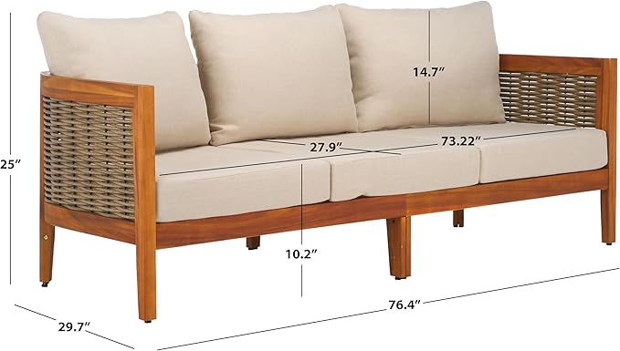 SAFAVIEH Outdoor Collection Amanda Natural Acacia Solid Wood/Taupe Cushion 3-Seater Sofa