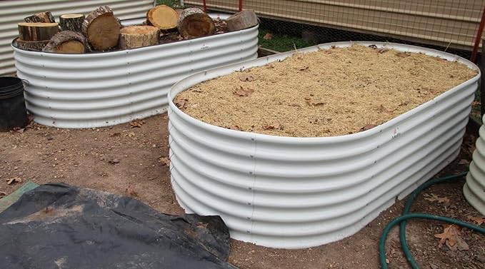 A ANLEOLIFE 2-Set 8X4X2 ft Galvanized Raised Garden Bed Kit, Oval Metal Deep Root Planters for Outdoor Plants, Antique White