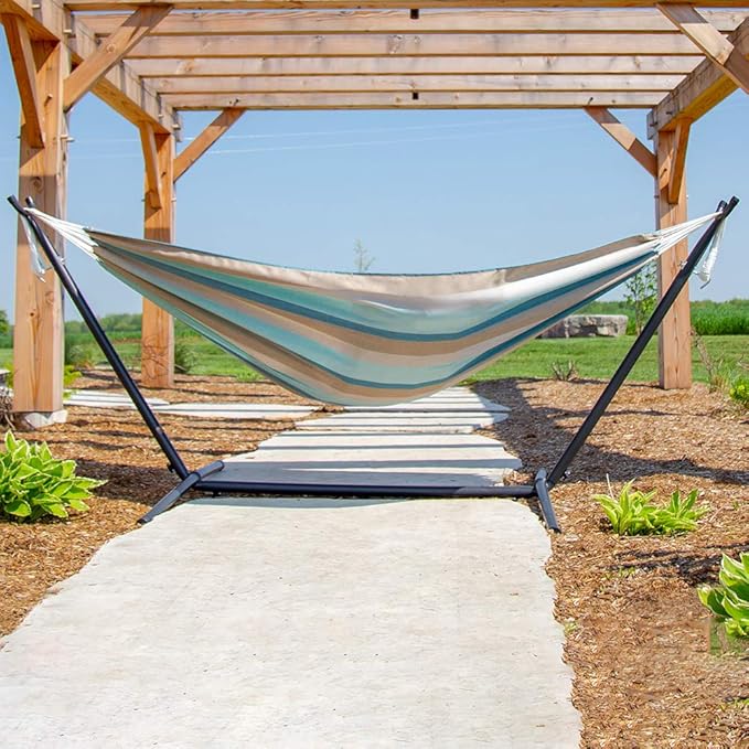 Vivere Brazilian Style Sunbrella Double Hammock with Steel Stand, Gateway Mist