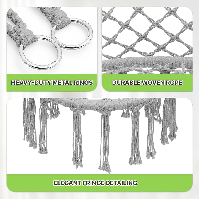 Magshion Hanging Hammock Chair with Comfortable Full Cushion, Macrame Indoor and Outdoor Swing Chair, 350 Lbs Capacity, Accent Hanging Swing with Boho Tassels for Living Room, Bedroom and Porch (Gray)