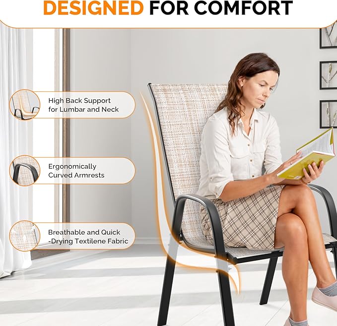 VINGLI Patio Chairs Set of 4 – Stackable Outdoor Dining Chairs with Comfortable Sling High Back Chairs and Armrests for Lawn, Poolside, Courtyard, Balcony, Garden, Yellow
