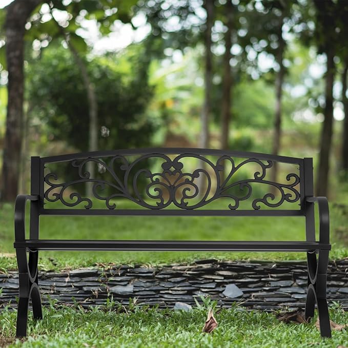 PayLessHere Black Outdoor Metal Loveseat Chairs Patio Garden Bench 50-inch Slatted Seat Armrests Floral Design Plastics Backres Perfect for Park, Yard, Porch, Lawn, Balcony, Backyard