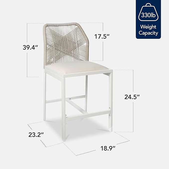 Best Choice Products Indoor Outdoor Counter Height Bar Stools Set of 2, Armless Kitchen Counter Stools w/Back and Footrest, Built-in Cushion, Aluminum Frame - White/Alpine