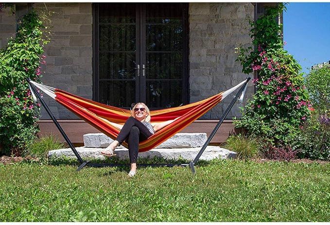 Vivere Brazilian Style Sunbrella Double Hammock with Steel Stand Combo, Sunset