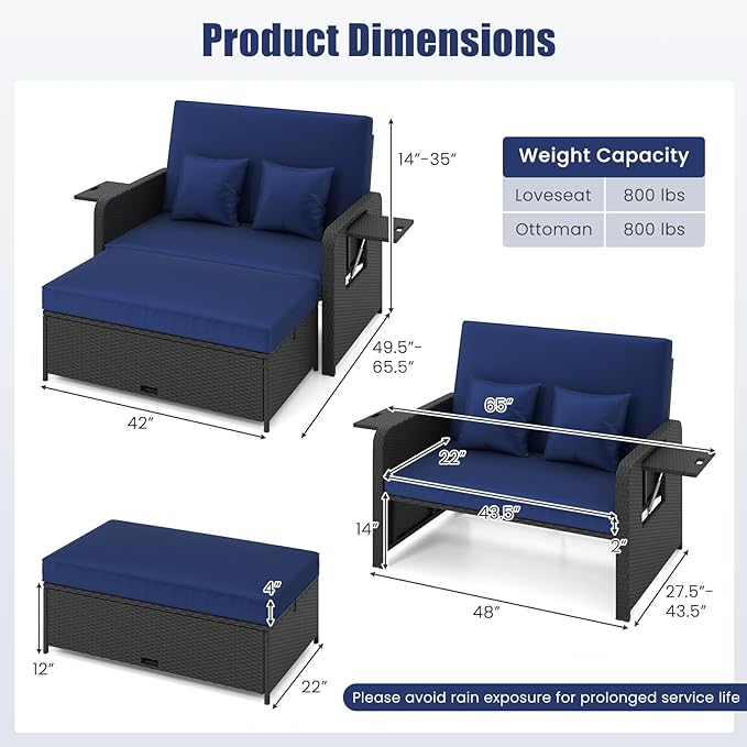 HAPPYGRILL Patio Rattan Wicker Daybed with Loveseat & Storage Ottoman, Outdoor Lounge Sofa Furniture Set with Adjustable Backrest & Side Trays, for Poolside Deck Porch Lawn (Black & Navy)