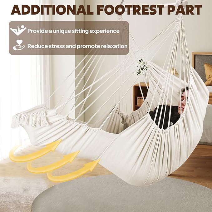 Chihee Hammock Chair Hanging Chair with Foot Rest 2 Cushions Max 500lbs Robust Metal Spreader Bar Collapsible Easy Storage Soft Cotton Swing Chair Strong Strap Iron Carabiner Side Pocket Included