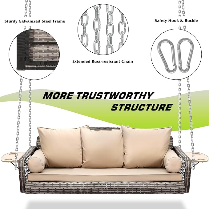 Grepatio Wicker Hanging Porch Swing - Outdoor 3 Person Patio Swing Bench with Cushion & Chains - 3-Seat Porch Swing Chair with Cup Holder for Garden, Yard, Lawn (Khaki Grey Rattan)