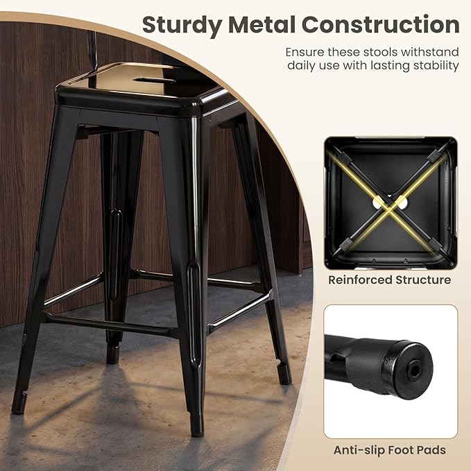 COSTWAY 24'' Metal Bar stools Set of 4, with Removable Back, Counter Height Stools with Rubber Feet, Stylish and Modern Chairs, for Kitchen, Dining Rooms, and Side Bar (Black-Update, 24'')