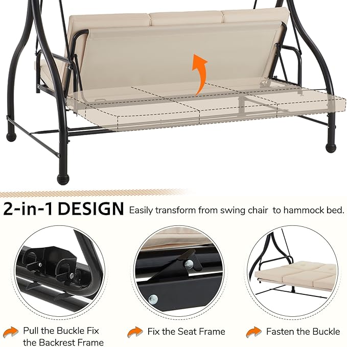 U-MAX Porch Swing Chair with Adjustable Backrest&Canopy, 3 Seat Patio Swing with Canopy 2-in-1 Convertible Outdoor Swing with Canopy Patio Daybed with Removable Beige Cushions for Adults