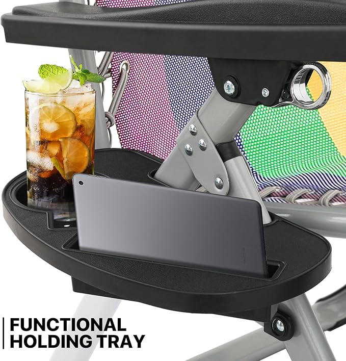 MoNiBloom Zero Gravity Lounge Chair with Cushion, Padded Patio Anti Gravity Recliner, Foldable Outdoor Lounger with Cup Holder Tray, Headrest and Footrest for Beach Camping, Rainbow