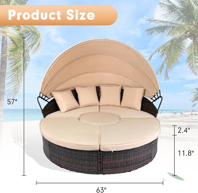 SUNCROWN Outdoor Patio Round Daybed with Retractable Canopy, Brown Wicker Furniture Sectional Couch with Washable Cushions, Backyard, Porch