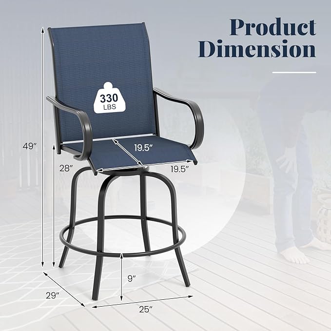 Giantex Set of 4 Swivel Outdoor Bar Stools, All-Weather Bar Height Patio Chairs, 330LBS Capacity, 360 Rotating Outside Bar Chairs with High Back Armrests, for Porch Yard Lawn Garden Pool (Navy)