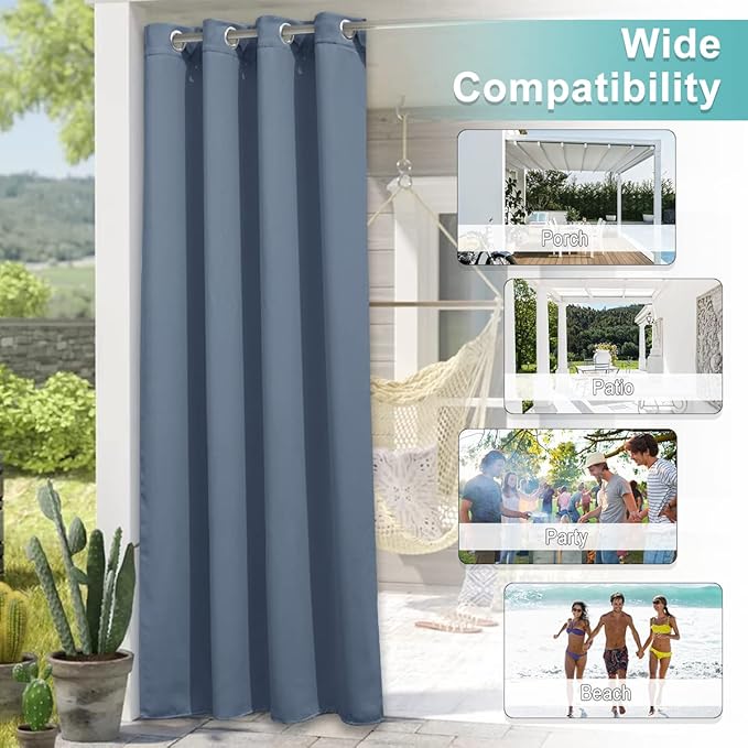 NICETOWN 2 Panels Stone Blue Blackout Outdoor Curtains for Patio Waterproof, Rustproof Grommet Cold & Light Blocking Thermal Insulated Indoor Outdoor Drapes for Front Porch & Canvas, W52 x L72