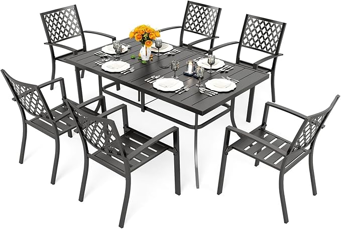 PHI VILLA 7 Piece Outdoor Dining Set for 6, 60” Rectangular Black Metal Table with Umbrella Hole & Stacking Wrought Iron Chairs, Large Outside Furniture Set for Patio, Deck, Porch, Backyard
