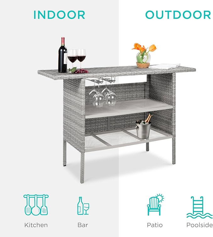 Best Choice Products Outdoor Patio Wicker Bar Counter Table Backyard Furniture w/ 2 Steel Shelves and 2 Sets of Rails - Gray