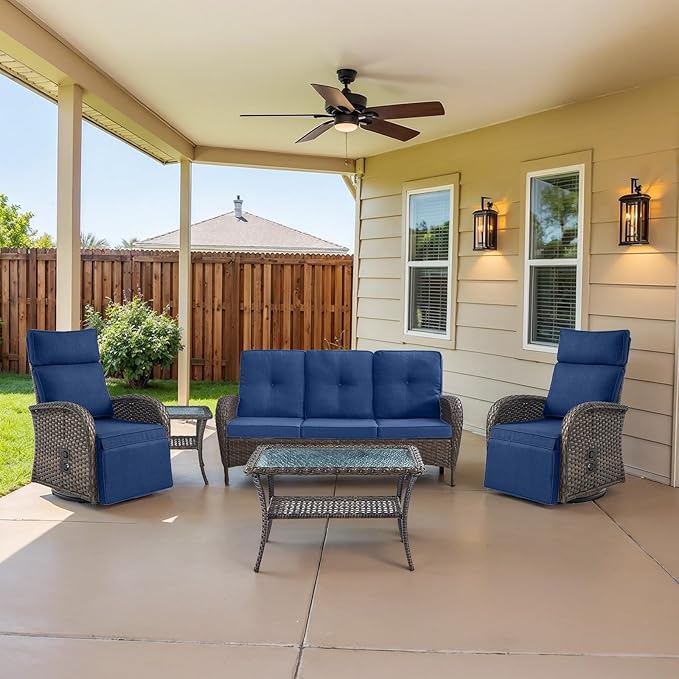 Belord 5 Piece Patio Furniture Set with Swivel Recliner Chair - Outdoor Patio Couch Set, Chaise Lounge Chair Outdoor with Adjustable Backrest and Footrest and Coffee Table for Casual Gathering