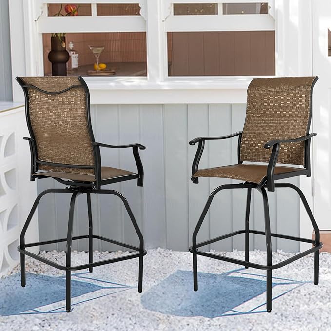 LEVELEVE Patio Bar Set 4pcs Swivel Bar Stools Outdoor Bistro Textilene Furniture Stability All-Weather Set (Dark Brown Fabric)