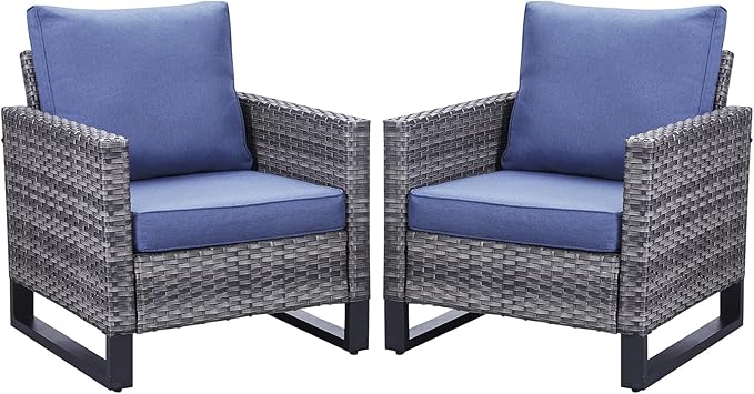 Belord Oversize Patio Chairs Set of 2 Outdoor Wicker Dining Chairs, All-Weather Rattan Patio Club Chair Furniture Sets with Water-Resistant Cushion Anti-Rust Frame Blue