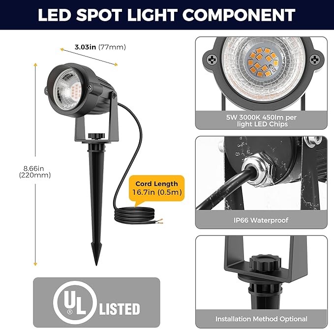 L LOHAS LED 5W Low Voltage Landscape Lighting, 12V 24V Outdoor Spot Lights with Connectors, IP66 Waterproof 3000K Warm White Plug in Spotlights for Yard, Garden, Pathway, House (6 Pack)