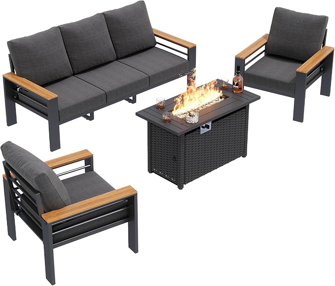 Aoxun Aluminum Outdoor Patio Furniture Set, 6-Piece Outdoor Sectional with 44'' Propane Gas Firepit Table, Patio Conversation Sets with Upgraded Armrests and Cushions for Backyard (Dark Grey,5 Seats)