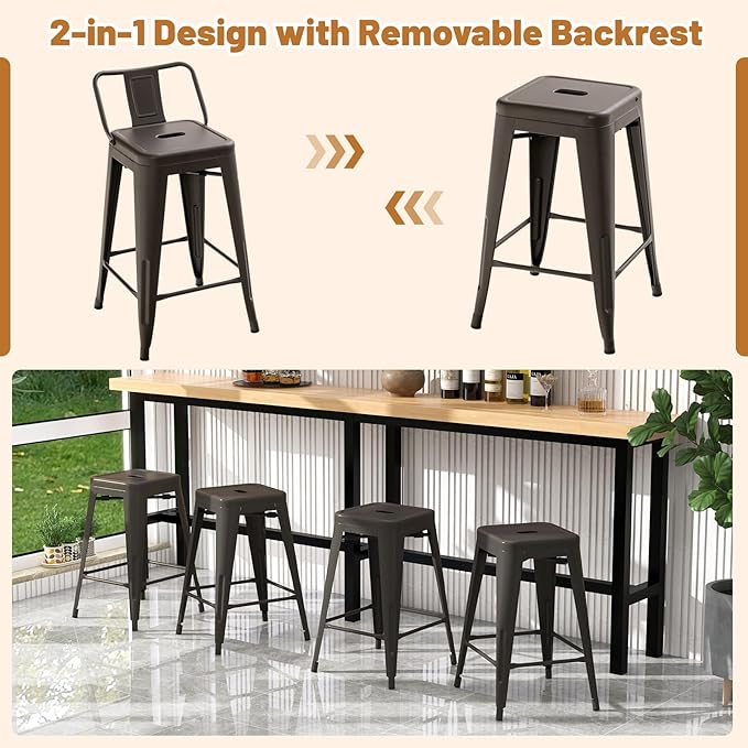 COSTWAY Metal Bar Stools Set of 4, with Removable Back, 24'' Counter Height Stools with Rubber Feet, Stylish and Modern Chairs, for Kitchen, Dining Rooms, and Side Bar (Gun, 24'')