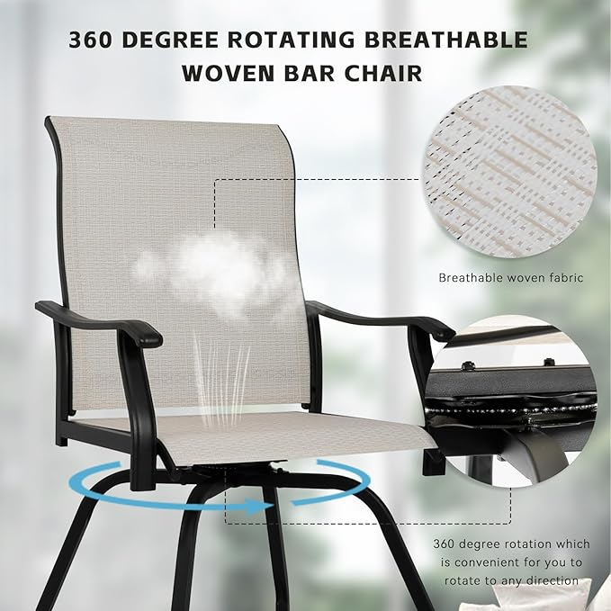 LEVELEVE Patio Bar Set 3pcs Swivel Bar Stools Outdoor Bistro Textilene Furniture Stability All-Weather Set with Height Table (3, Beige Fabric)