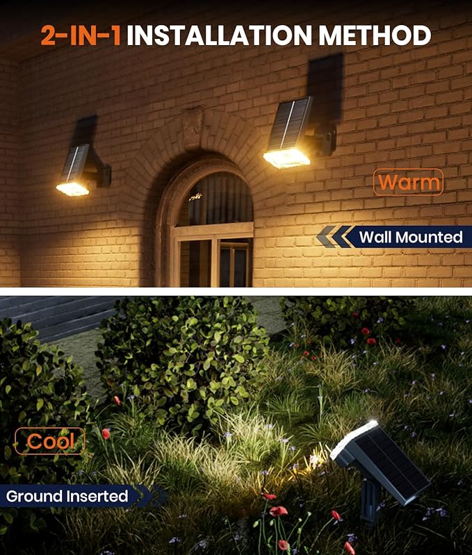 12 Pack Solar Spotlights Outdoor Waterproof IP67,Adjustable Wall&Ground Lights Powered with 3 Colors, 3 Modes, Dusk to Dawn Uplights for Pathway/Garden/Yard/Patio/Driveway/Landscape Lighting Outside