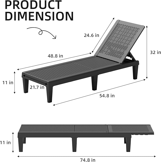 Greesum Outdoor Patio Chaise Chair with 5-Position (Set of 2) Adjustable Backrest, Waterproof Sun Lounger, Easy to Assemble, for Pool, Garden, Deep Black