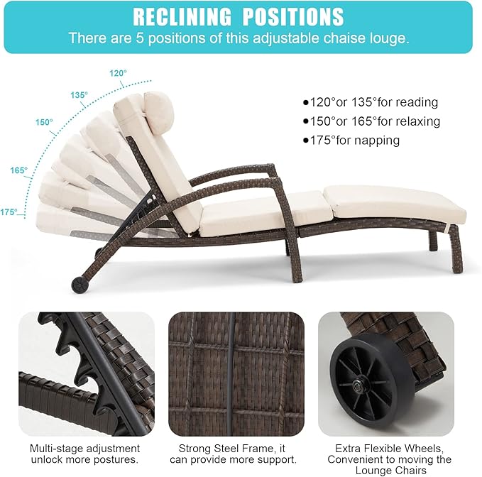 HOMREST Chaise Lounge Chairs Set of 2 for Outside, Adjustable 5 Position Outdoor PE Rattan Wicker Patio Pool Lounge Chair with Arm, Cushion, Pillow and Wheels for Poolside Backyard Deck Porch,Khaki