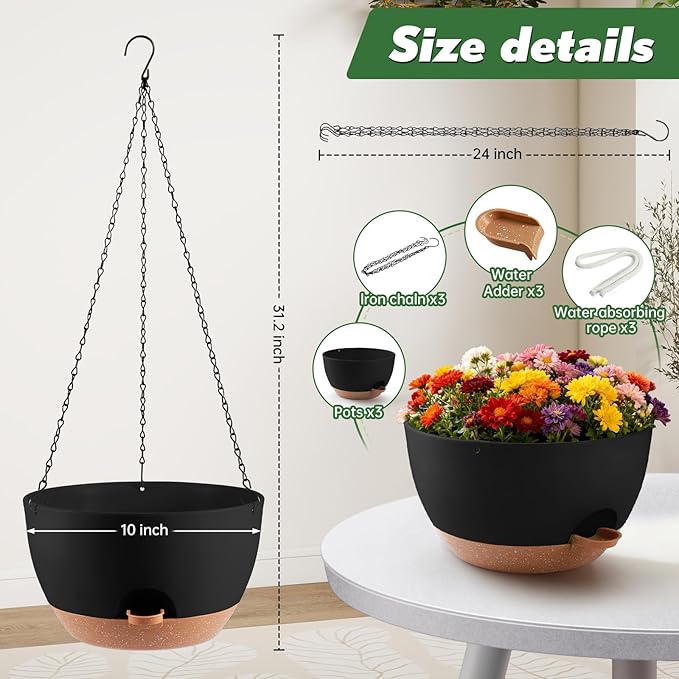 3-Piece Set of 10-Inch Hanging Planters with Automatic Watering System and Drip Tray, Includes Metal Chain, Suitable for Various Indoor and Outdoor Plants and Flowers, Black-Brown