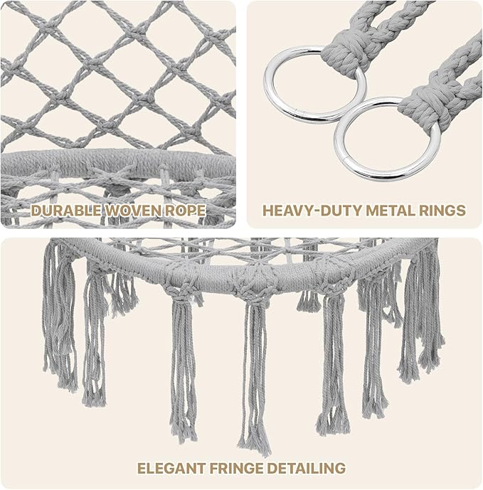 Monibloom Hanging Hammock Chair with Full Cushion, Adults Indoor Hammock Swing with Max 350 Lbs Capacity, Outdoor Macrame Hanging Chair with Boho Tassels, Home Accent Furniture Chair Swing, Grey