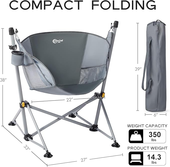 Portal Large Hammock Camping Chair Folding Rocking Chairs Portable Swinging Chair Wide Seat for Outdoor Lawn Patio Garden,Support 350 lbs, Grey, 2 Pack