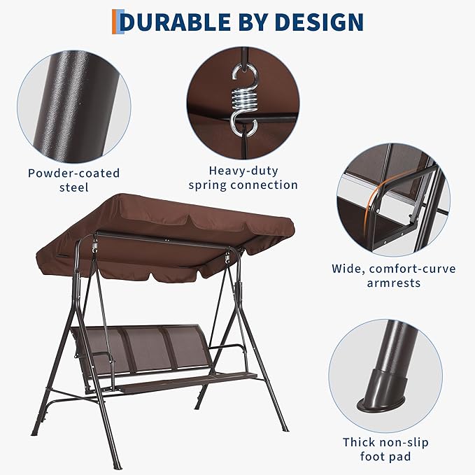 3-Seat Outdoor Patio Porch Swing with Stand, Waterproof Textilene & Adjustable Canopy, Steel Frame Swing Outdoor Chair for Backyard, Front Porch, Lawn, Garden