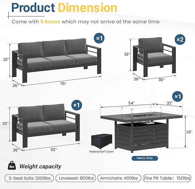 Wisteria Lane 7 Seats Aluminum Outdoor Patio Furniture Set with 54 Inch Propane Gas Fire Pit Table, Modern Patio Conversation Sets with Outdoor Sectional Couch for Backyard, Garden, Dark Grey