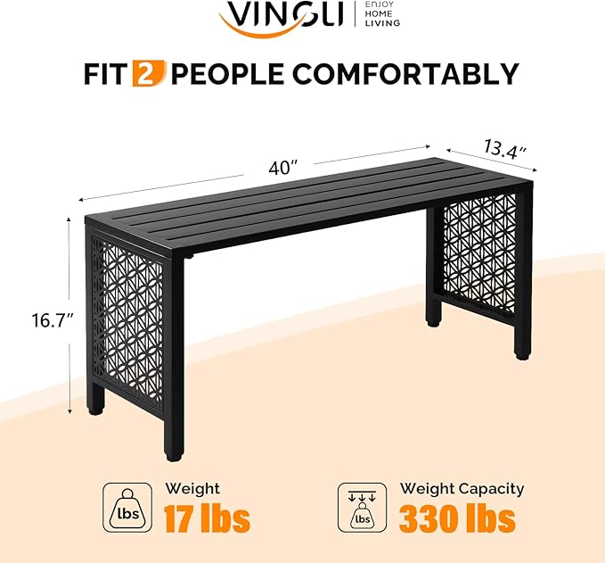 VINGLI 40in Outdoor Metal Bench, All-Weathe Backless Patio Bench with Slatted Seat＆Floral Side Panels, Rust-Resistant Garden Bench, Weatherproof Outdoor Seating for Porch Entryway Backyard (Black)