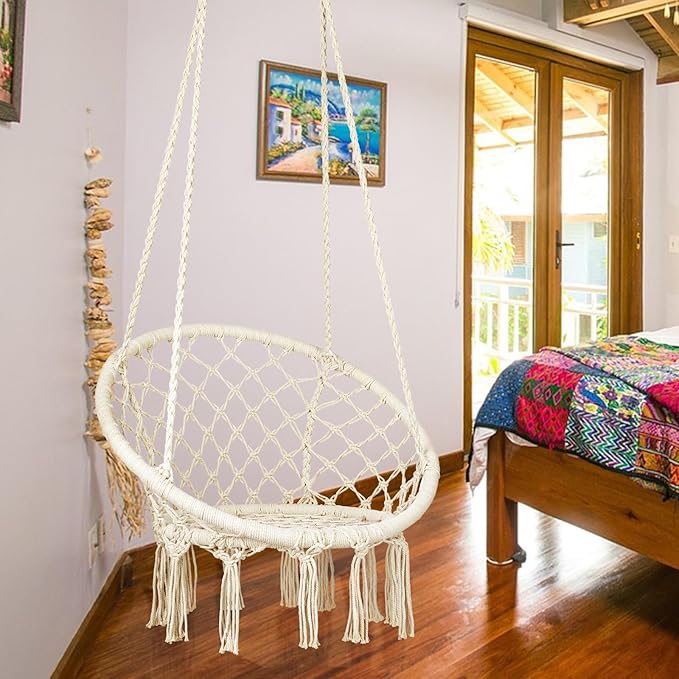 Macrame Hammock Chair Swing with Hardware Kits, Handmade Knitted Hanging Chair for Bedroom,Indoor,Outdoor, Balcony, Yard, Porch- 265 Pound Capacity -29.53" L x 29.53" W x 45.28" H