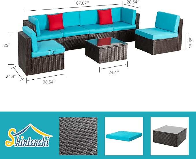 Shintenchi 7 Pieces Patio Furniture Sets Outdoor All-Weather Sectional Patio Sofa Set PE Rattan Manual Weaving Wicker Patio Conversation Set with Glass Table&Ottoman Cushion and Red Pillows, Blue