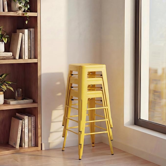 Shahoo 24 Inches Metal Bar Stools Counter Height Stackable Backless Stools, Industrial Patio Stools Indoor Outdoor Metal Kitchen Stools Set of 4 (Yellow, 24'')