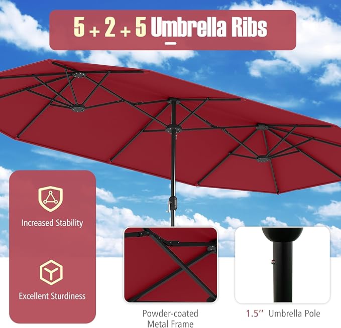 Tangkula 9 Piece Rattan Outdoor Dining Set with 13Ft Umbrella for 6, Outdoor Wicker Table Set with 6 Cushioned Armchairs, Acacia Wood Top, Outdoor Umbrella & with Base Included