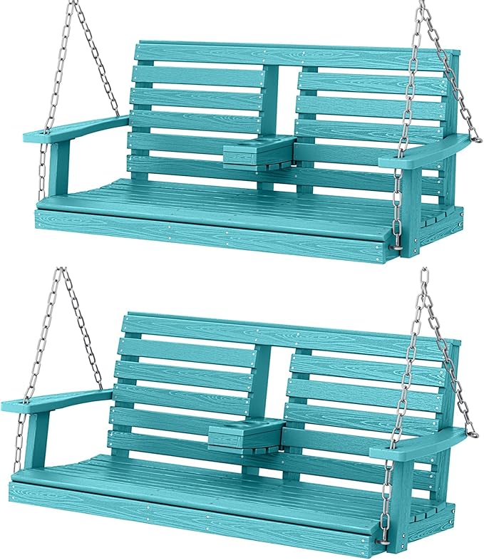 KINGYES Outdoor Hanging Patio Swing Set, 2 Seat Swing Chair with Cup Holders, Waterproof Bench for Courtyard & Garden, 660LBS Weight Capacity, Aruba Blue