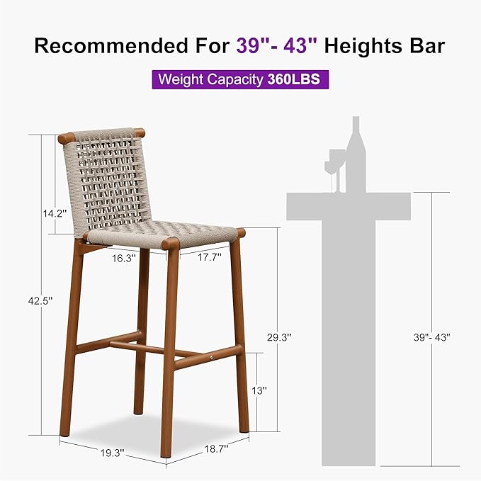 PURPLE LEAF Outdoor Bar Stools Set of 4 Aluminum Counter Height Wicker Stool with Back for Backyard Pool Lawn Kitchen Patio Metal Barstool Chairs Teak
