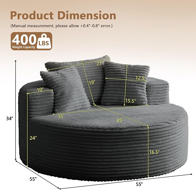 Oversized Round Chair Lounge Chaise Indoor, Upholstered Corduroy Deep Seat Cloud Large Circle Sofa Chair, No Assembly Required, Fluffy Modern Sleeper Sofa Bed for Reading, Living Room, Bedroom, Gray
