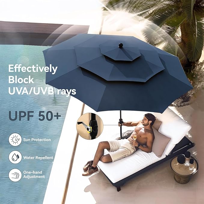 PHI VILLA 5 Pieces Outdoor Dining Set with Umbrella for 4, 37" Square Metal Dining Table & 4 Cushioned Wicker Rattan Chairs with 10ft Navy Blue Umbrella for Patio, Deck, Yard, Porch