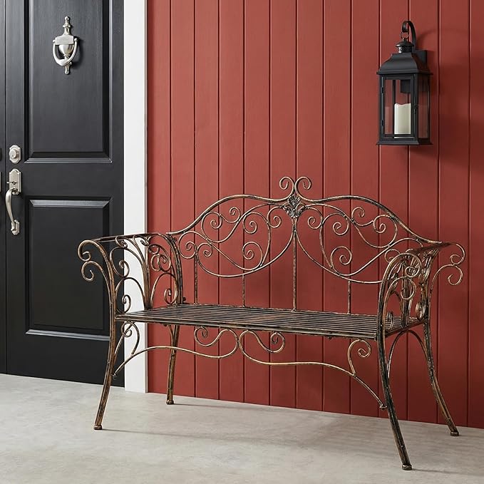 HLC Garden Bench Metal Outdoor Benchs for Front Porch Patio Park Yard 2 Seats Bench with Backrest and Armrests (Antique Bronze)