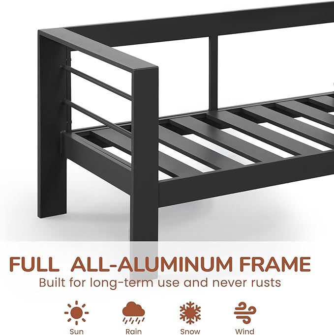 Solaste Aluminum Outdoor Couch, 3-Seat Metal Outdoor Sofa with Water-Resistant Cushion, Weather-Resistant Modern Patio Sofa, Black Frame Blue Cushion