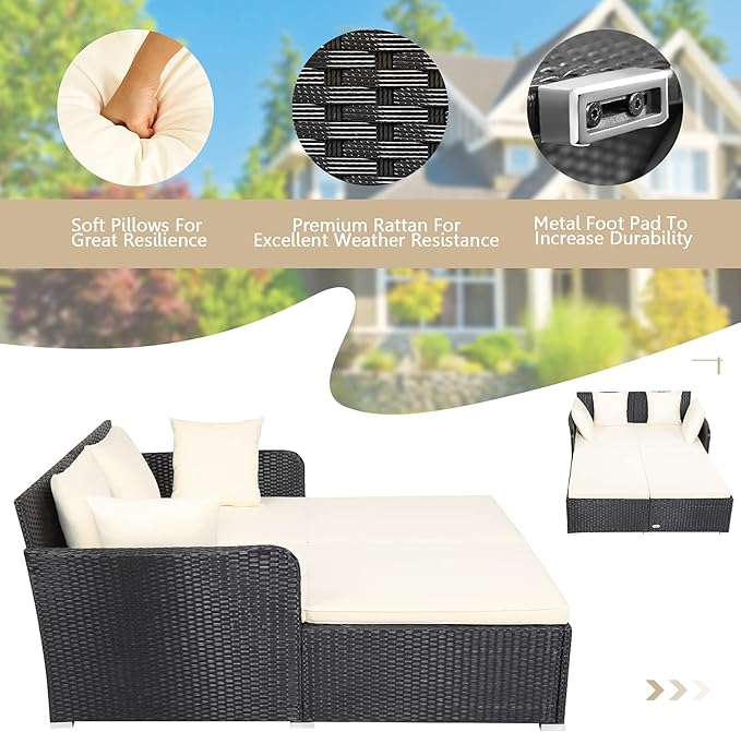 HAPPYGRILL Outdoor Daybed Rattan Wicker Patio Daybed with Padded Cushions Pillows and Sturdy Aluminum Foot, Patio Sofa Furniture Set for Garden Porch Poolside