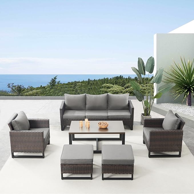 Belord 6 Piece Outdoor Furniture Patio Wicker Sofa Set, Oversize Outdoor Dining Chairs with Rattan Ottomans, Conversation Sets Patio Furniture Come with Removable Washable